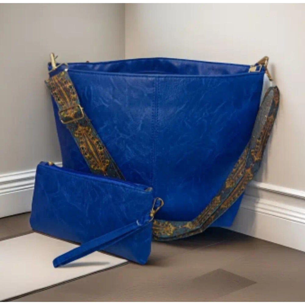 Blue Boho Shoulder Bag Purse and wristlet pouch‎ set